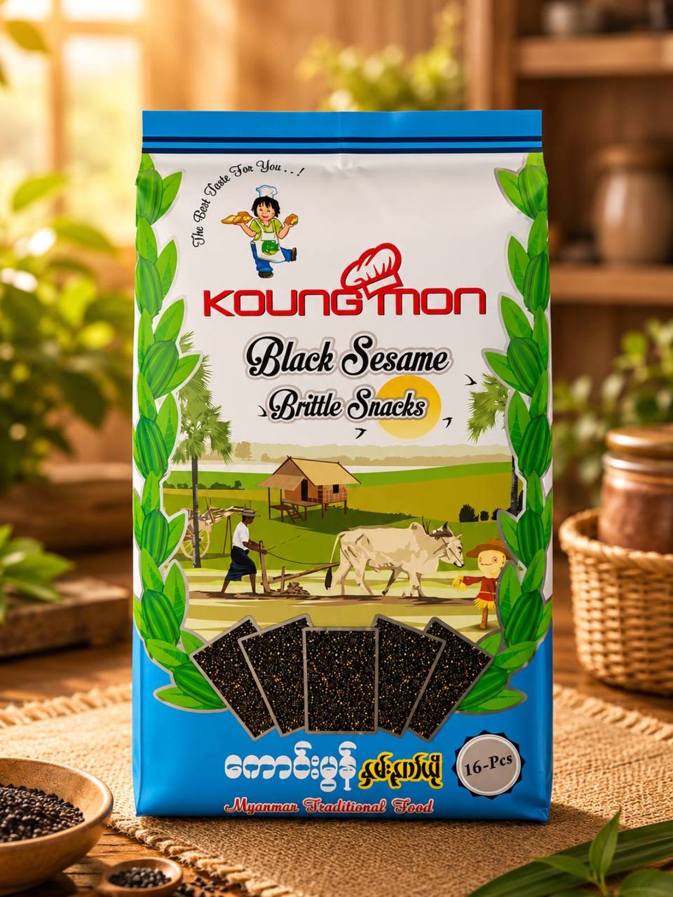 Koung Mon - Black Sesame Brittle Snacks (နှမ်းနက်ယို) 220g